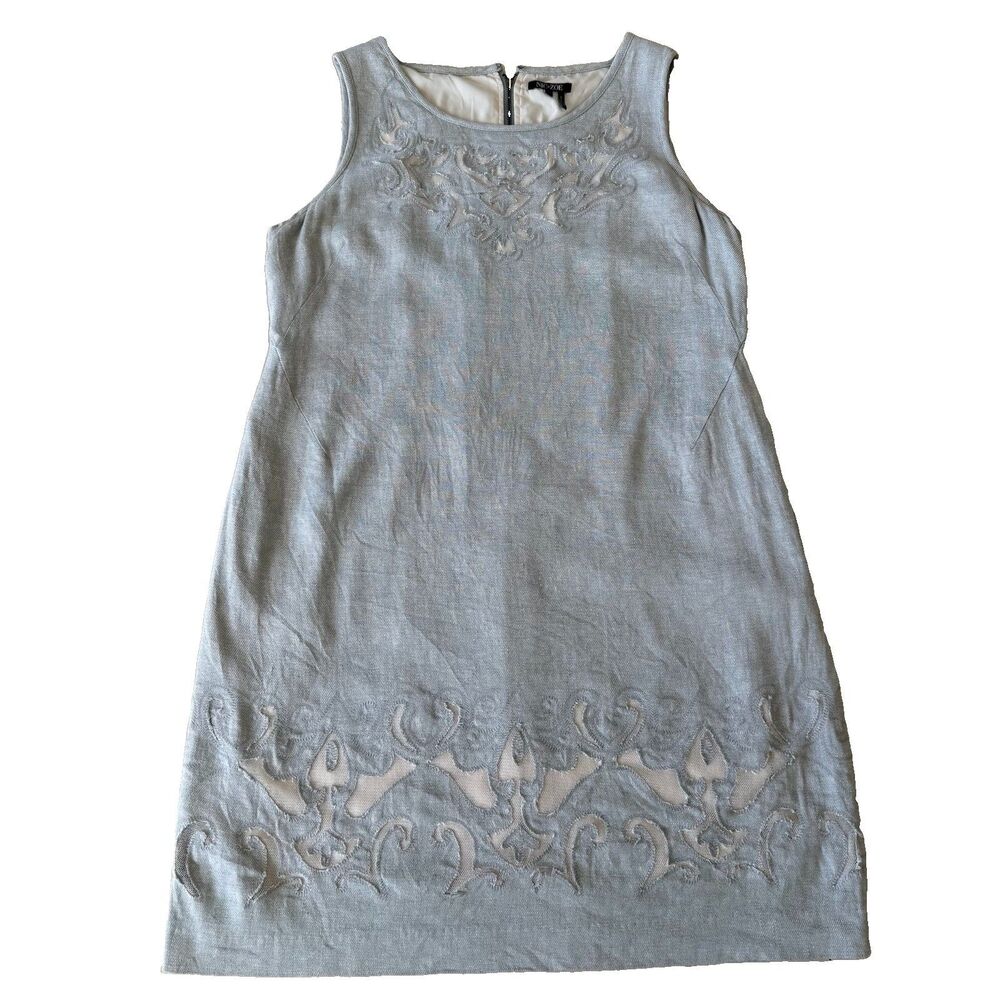 NIC ZOE Shift Dress XL Sleeveless Linen Blnd Knee Lined Pockets Blue Gray Cutout
